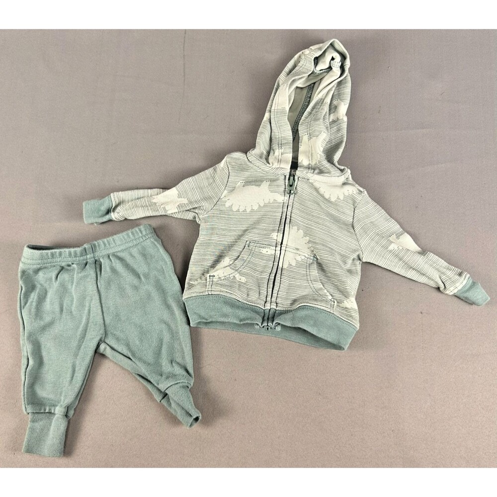 Carters Infant Newborn Winter Long Sleeve Hoodie Dinosaur and Green Pants Set
